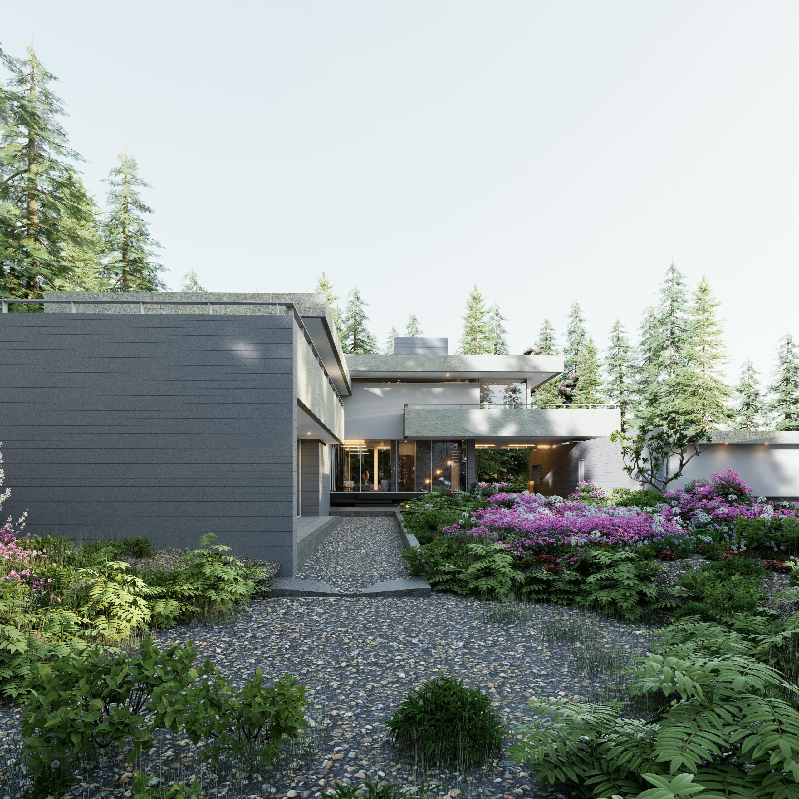 A sleek modern villa surrounded by lush greenery and forest backdrop.